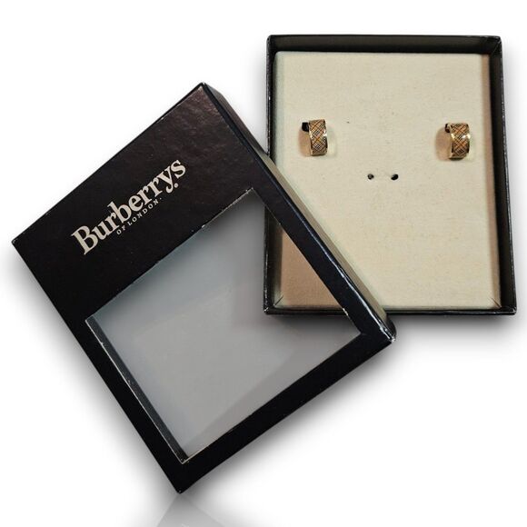 Burberry Authentic Vintage Y2K Gold & Plaid Check Huggie Clip-On Earrings w/ Box - Picture 1 of 8